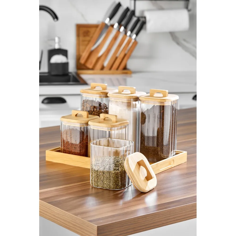 Cooker 6lı Bambu Kapaklı Borosilikat Cam Kare Standlı Baharatlık Seti CKR3831