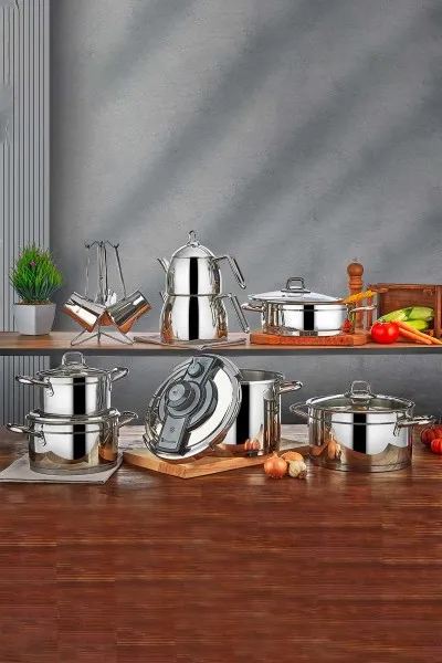 Ambiance 18 Parça Çeyiz Seti - 18/10 Paslanmaz Çelik Silver - Düdüklü, Çaydanlık, Tencere ve Cezve Takımı