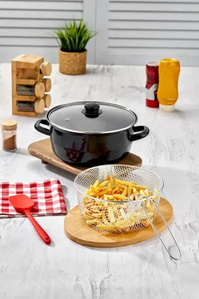 Emaye Kızartma Tenceresi 26 cm - Siyah Fritöz Telli ve Kapaklı