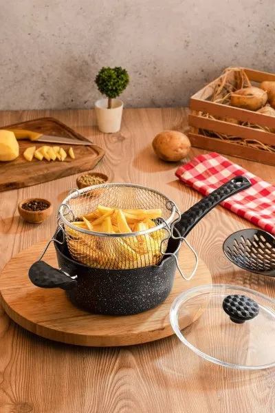 Cheflon Granit Patates ve Sosis Kızartma Tenceresi 20 cm - Fritöz Telli ve Kapaklı - Siyah