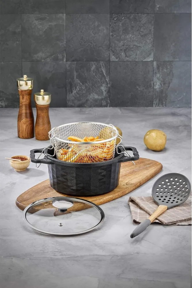 Kristal Döküm Granit Kızartma Tenceresi 20 cm - Siyah Yapışmaz Fritöz Tenceresi 