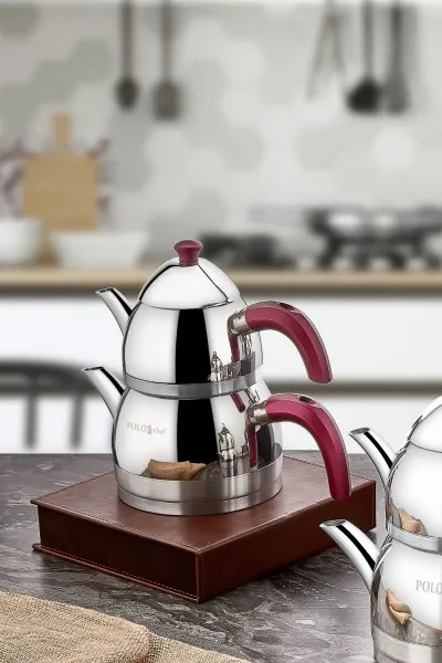 Zümrüt Çaydanlık 18/10 Paslanmaz Çelik Büyük boy Kırmızı Saplı
