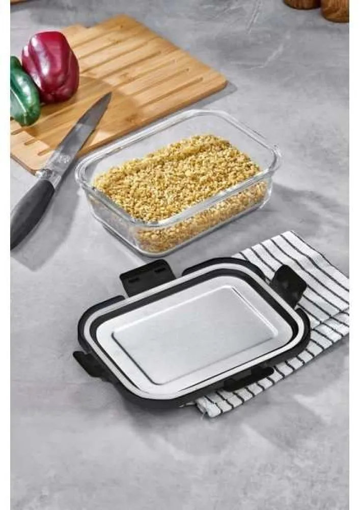 Cooker 1000 ml Cam Saklama Kabı SİYAH– Paslanmaz Çelik Kapaklı, Hava Geçirmez, Mikrodalga ve Buzdolabı Uyumlu