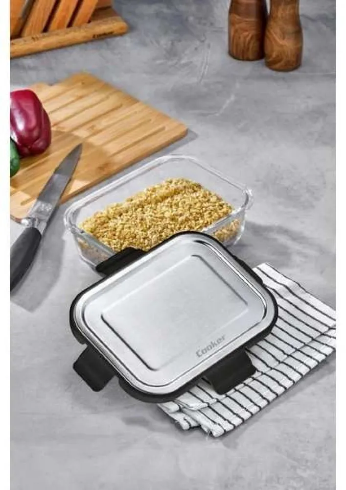 Cooker 1000 ml Cam Saklama Kabı SİYAH– Paslanmaz Çelik Kapaklı, Hava Geçirmez, Mikrodalga ve Buzdolabı Uyumlu