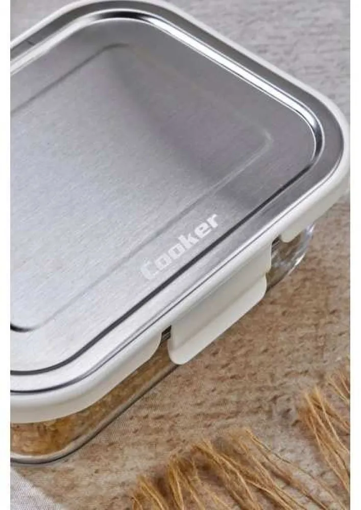 Cooker 1500 ml Cam Saklama Kabı KREM – Paslanmaz Çelik Kapaklı, Hava Geçirmez, Mikrodalga ve Buzdolabı Uyumlu