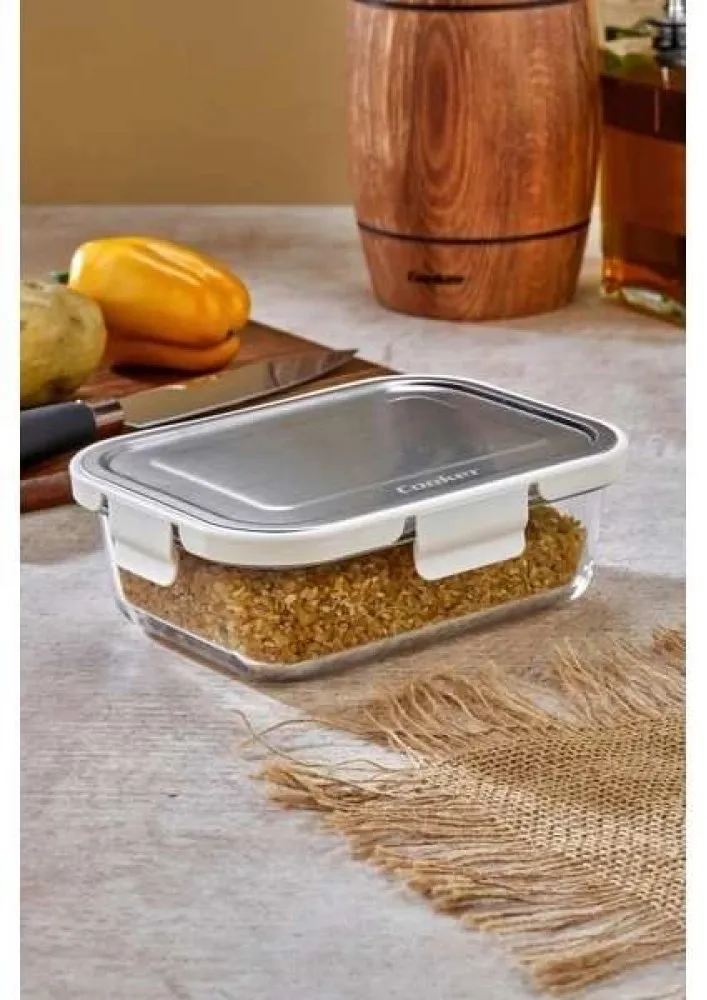 Cooker 640 ml Cam Saklama Kabı KREM – Paslanmaz Çelik Kapaklı, Hava Geçirmez, Mikrodalga ve Buzdolabı Uyumlu