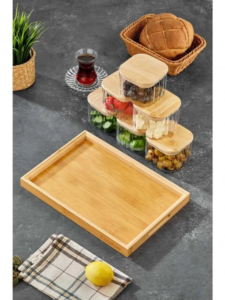 Cooker KARE 6’lı Kare Borosilikat Cam Kahvaltılık Seti – Bambu Kapaklı, Ahşap Tepsili Şık Sunum Seti