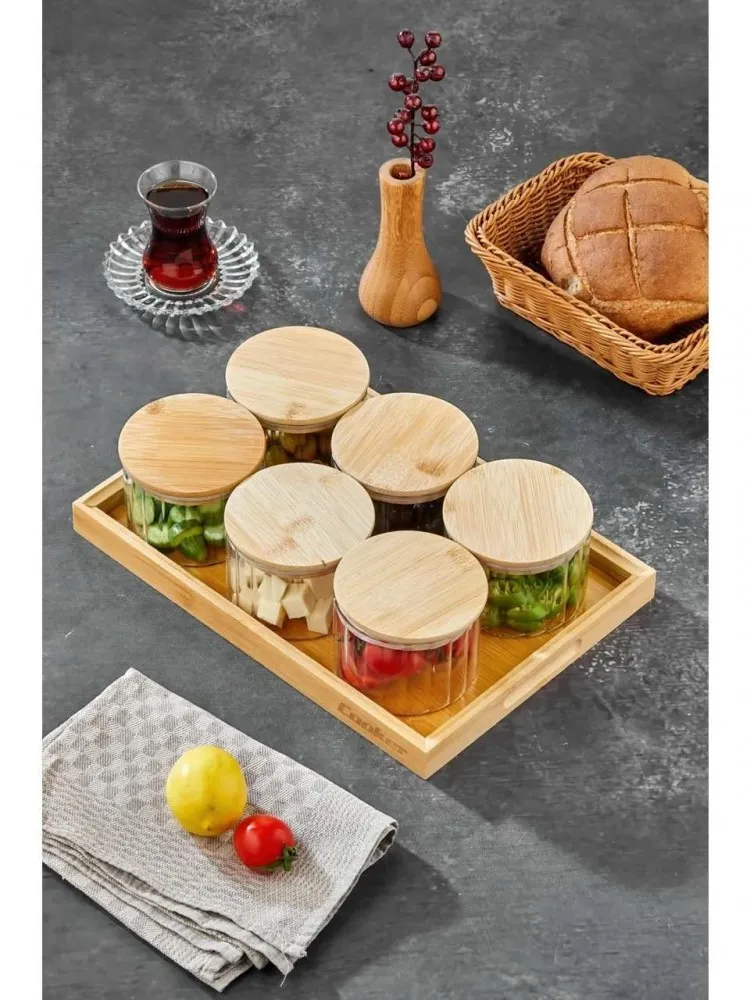 Cooker OVAL 6’lı Borosilikat Cam Kahvaltılık Seti  – Bambu Kapaklı ve Ahşap Tepsili Sunum Seti