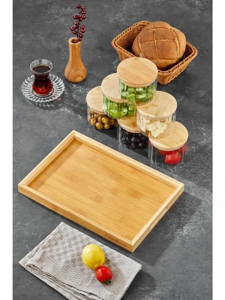 Cooker OVAL 6’lı Borosilikat Cam Kahvaltılık Seti  – Bambu Kapaklı ve Ahşap Tepsili Sunum Seti