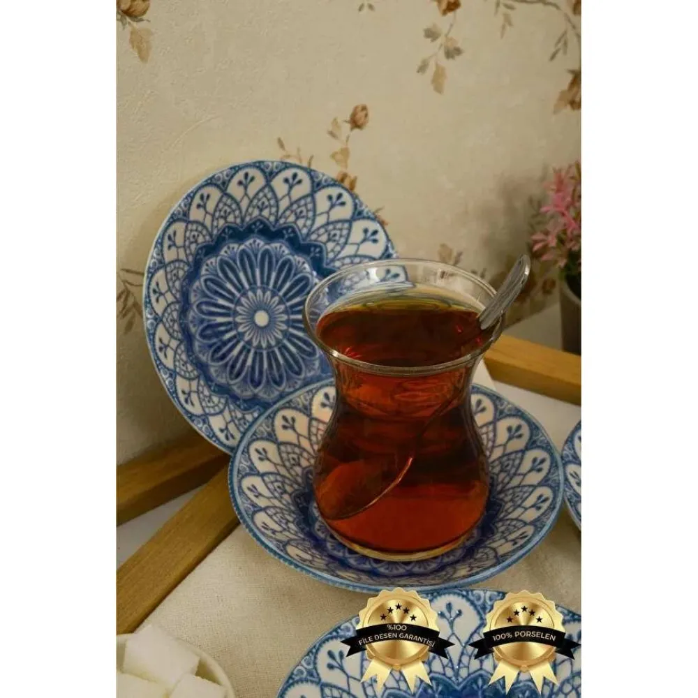 FARİKA 6 ADET MAVİ DESENLİ ÇAY TABAĞI PORSELEN 11 CM