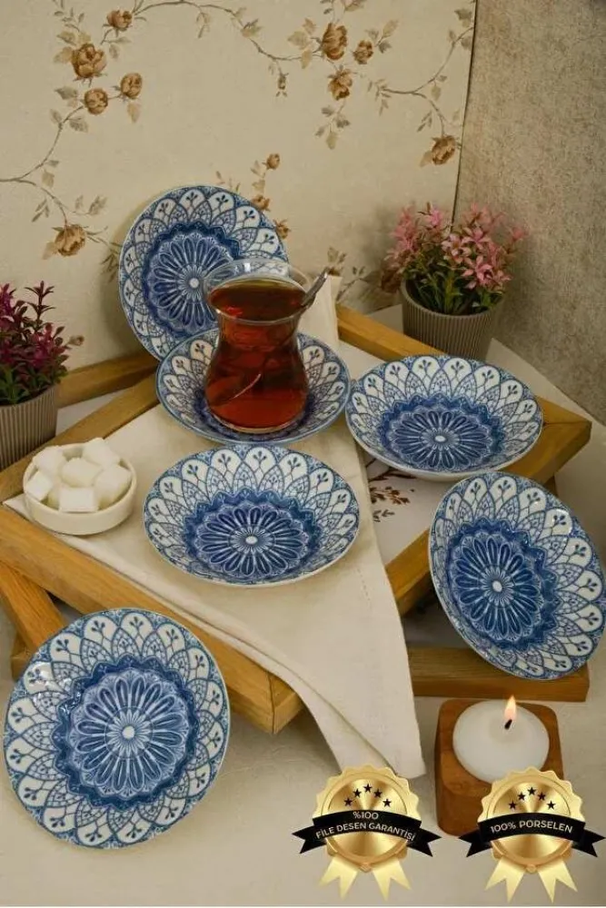 FARİKA 6 ADET MAVİ DESENLİ ÇAY TABAĞI PORSELEN 11 CM