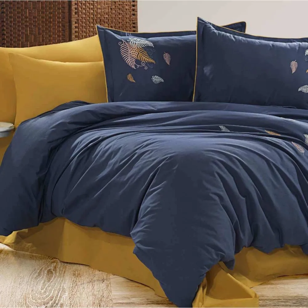 GOLDEN HOME LOREN MODEL ÇİFT KİŞİLİK NAKIŞLI NEVRESİM %100 PAMUKLU LACİVERT