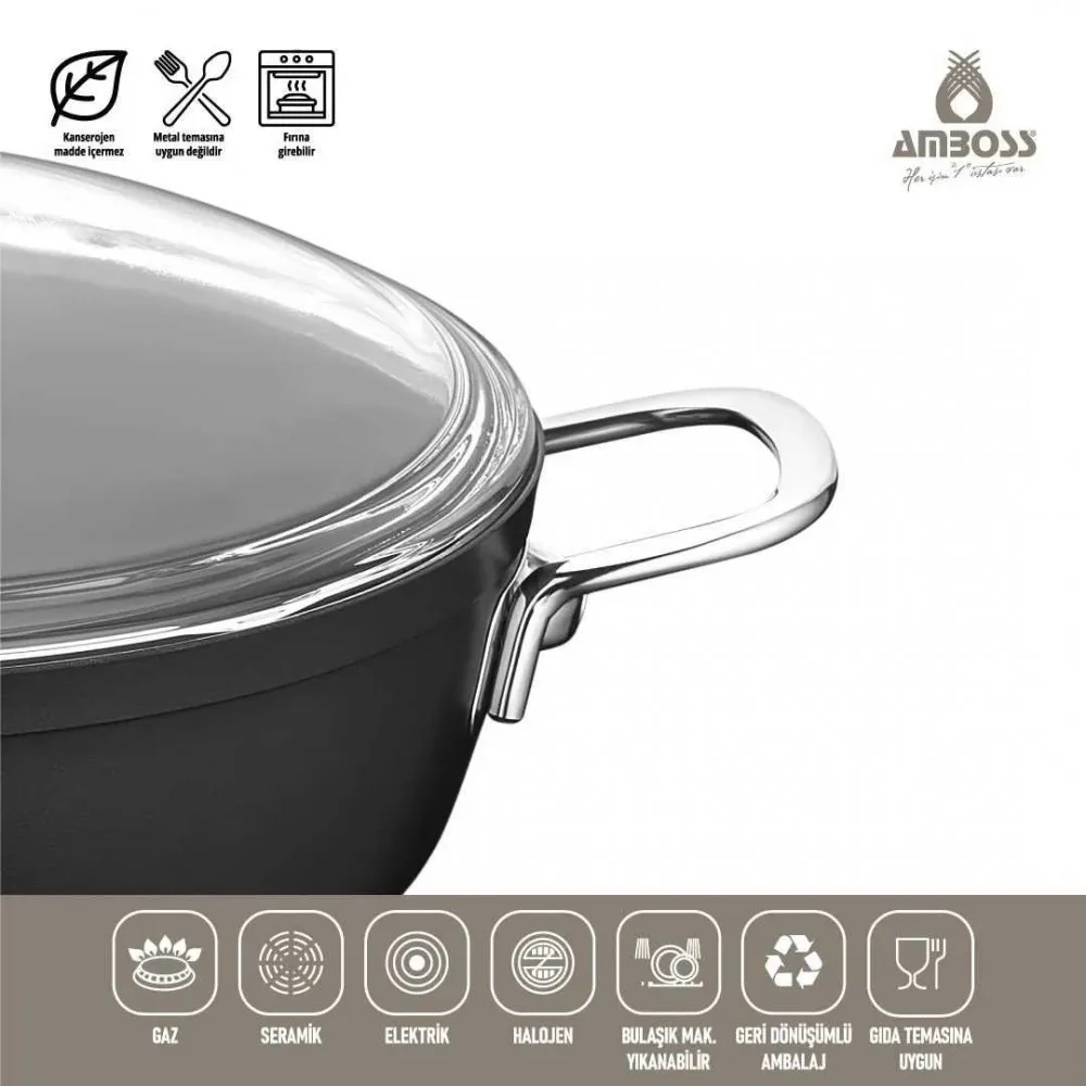 Amboss Dark Basık Tencere Cam Kapaklı Yanmaz Yapışmaz Titanyum Kaplama - 24 cm Amboss Dark Basık Tencere Cam Kapaklı Yanmaz Yapışmaz Titanyum Kaplama - 24 cm