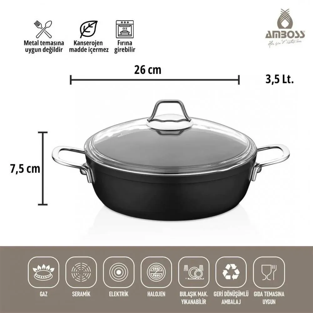 Amboss Dark Basık Tencere  Cam Kapaklı Yanmaz Yapışmaz Titanyum Kaplama   - 26 cm