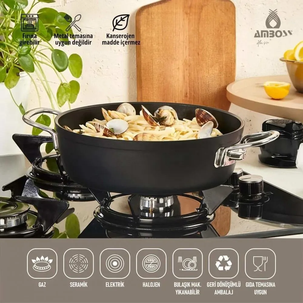 Amboss Dark Basık Tencere  Cam Kapaklı Yanmaz Yapışmaz Titanyum Kaplama   - 26 cm