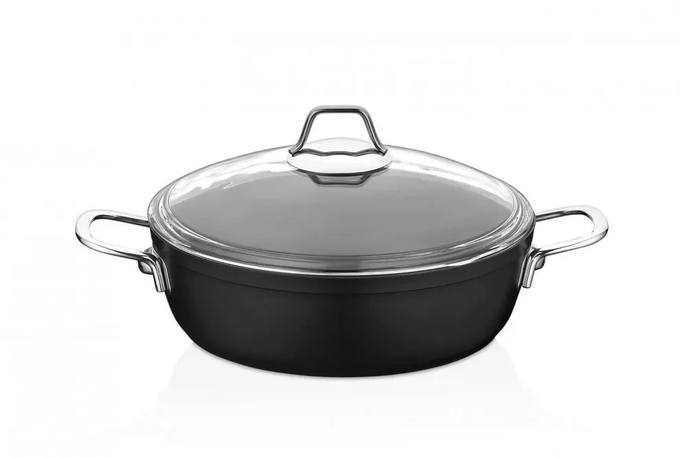 Amboss Dark Basık Tencere  Cam Kapaklı Yanmaz Yapışmaz Titanyum Kaplama   - 28 cm