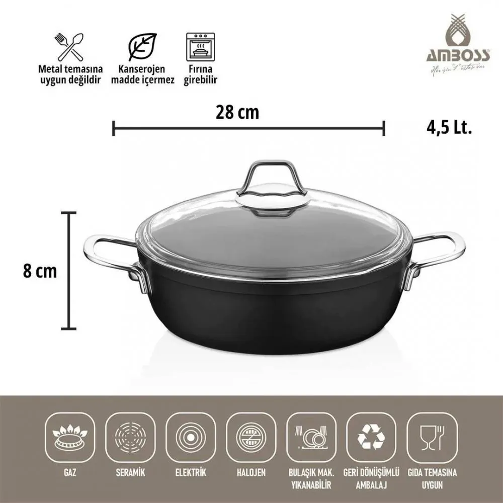 Amboss Dark Basık Tencere  Cam Kapaklı Yanmaz Yapışmaz Titanyum Kaplama   - 28 cm