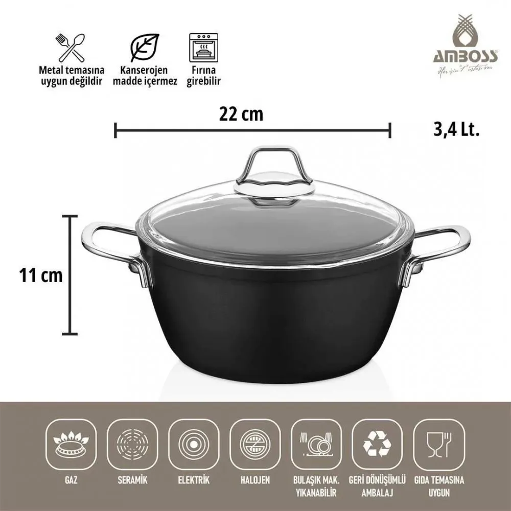 Amboss Dark Derin Tencere  Cam Kapaklı Yanmaz Yapışmaz Titanyum Kaplama   - 22 cm