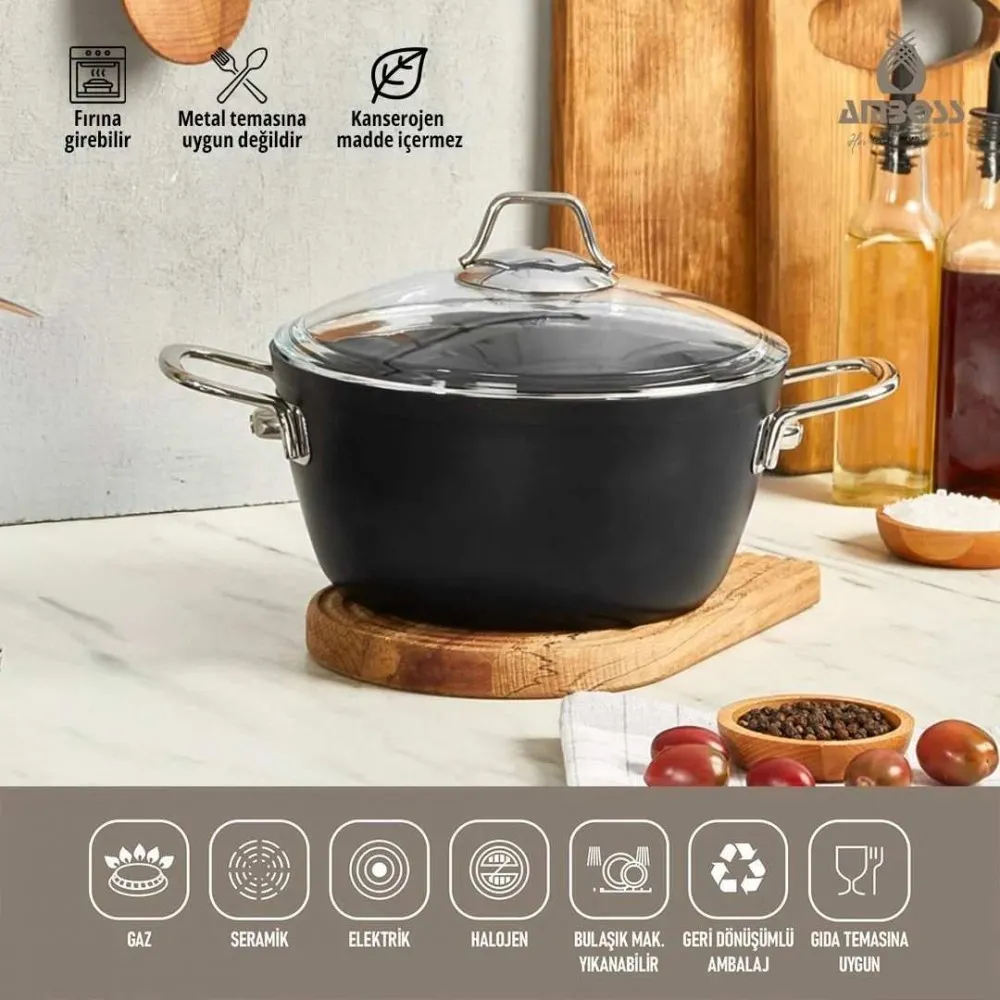 Amboss Dark Derin Tencere  Cam Kapaklı Yanmaz Yapışmaz Titanyum Kaplama   - 22 cm