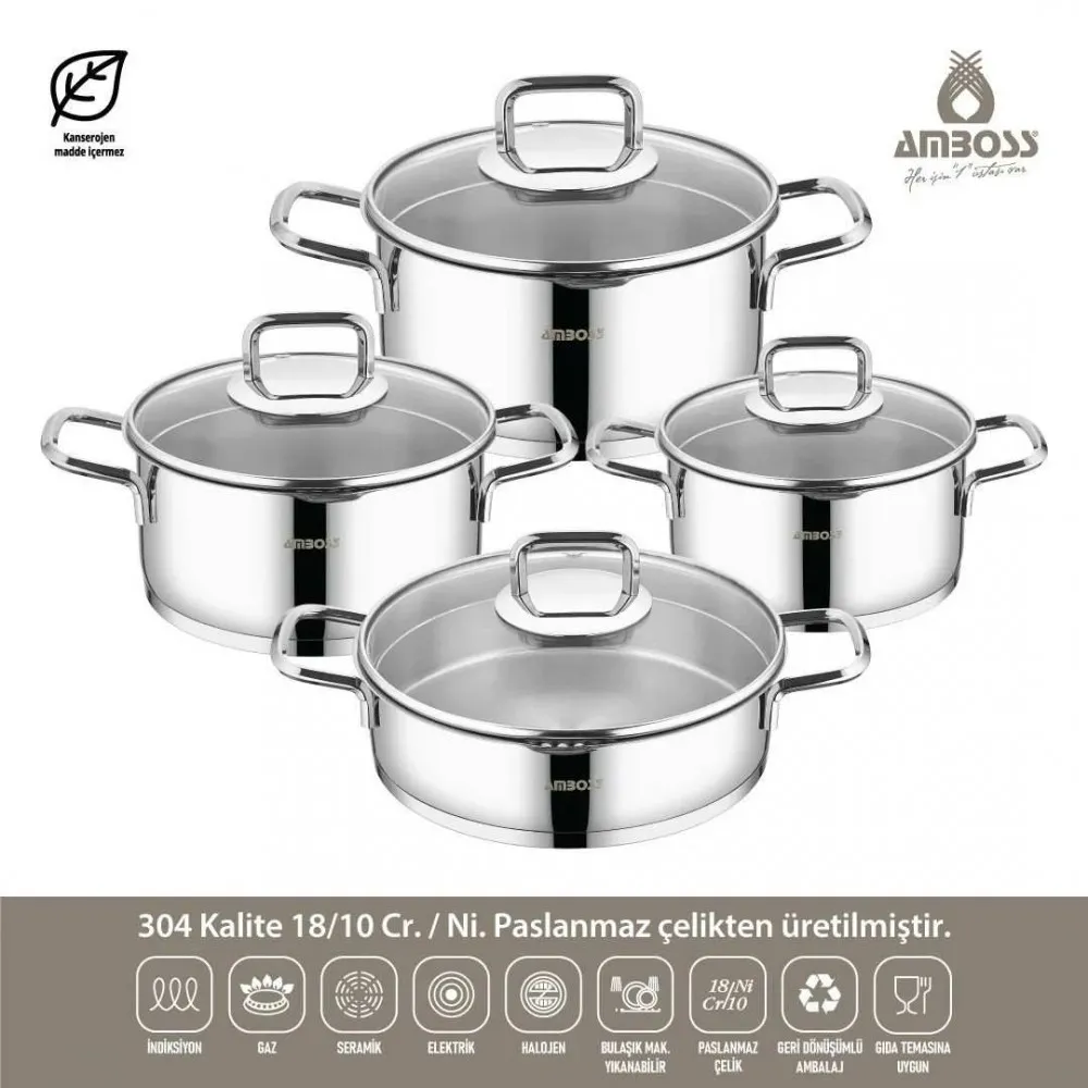 Amboss Diamond Strainer Paslanmaz Çelik Çelik Kuplu Tencere Seti 8 Parça Cam Kapaklı