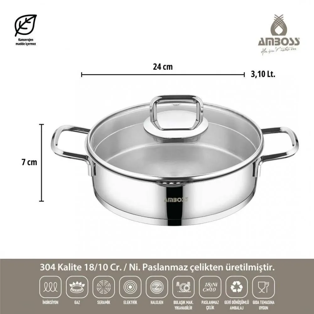 Amboss Diamond Strainer Paslanmaz Çelik Çelik Kuplu Tencere Seti 8 Parça Cam Kapaklı