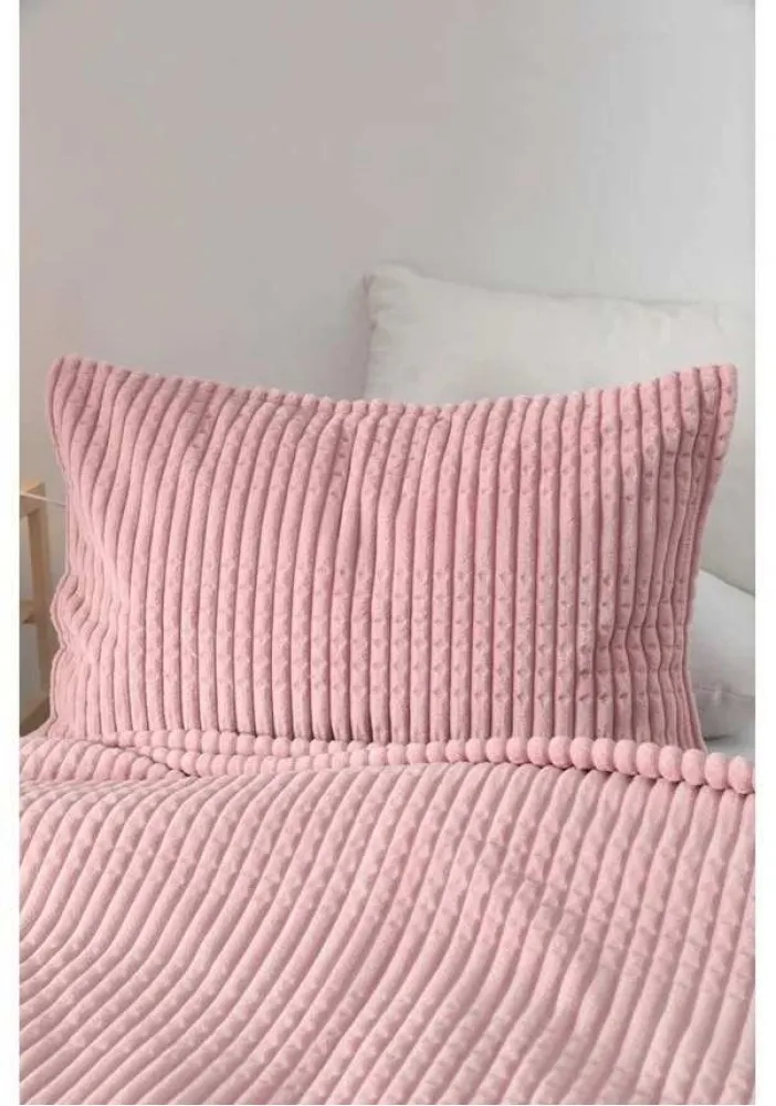 MERİNOS MODERN LİNE YASTIK KILIFLI BATTANİYE SETİ TEK KİŞİLİK PUDRA